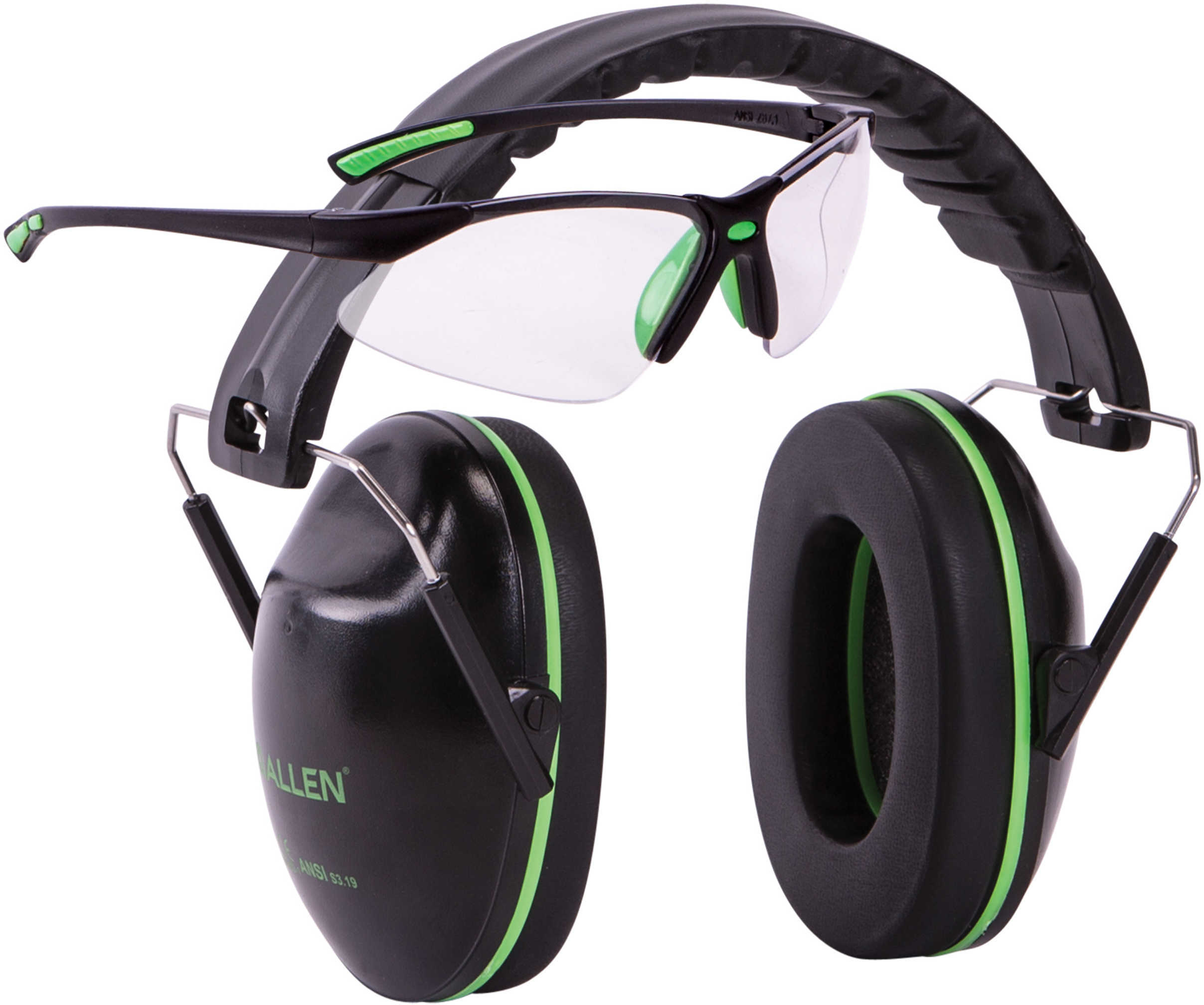 Allen Gamma Junior Earmuff & Glasses Combo Black/Green Plastic NRR 23 Rated Anti-fog/Clear Lenses Adjustable Foldable 23