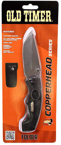 Old Timer 2147OTCP Copperhead 3.44" Folding Drop Point Plain 7Cr17MoV High Carbon SS Blade Black Rubber Snakes
