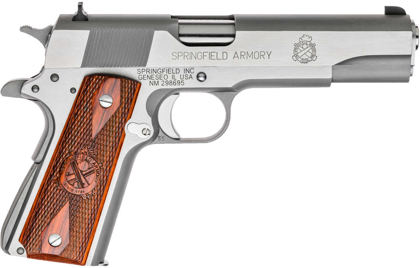 Springfield Armory 1911 Loaded 45 ACP 5'' Barrel 7 Round Cocobolo Wood Grip Stainless Steel Finish Semi Automatic Pistol