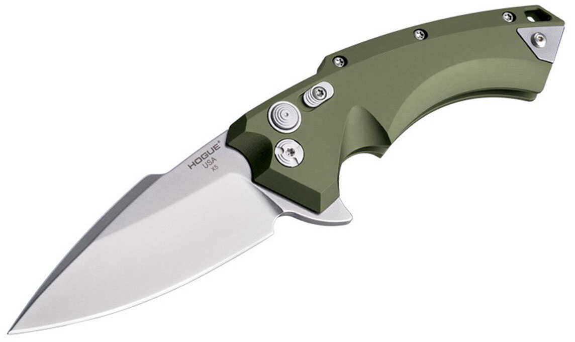 Hogue X5 4in Folder Spear Pt Tumbled Finish Od Green Alum