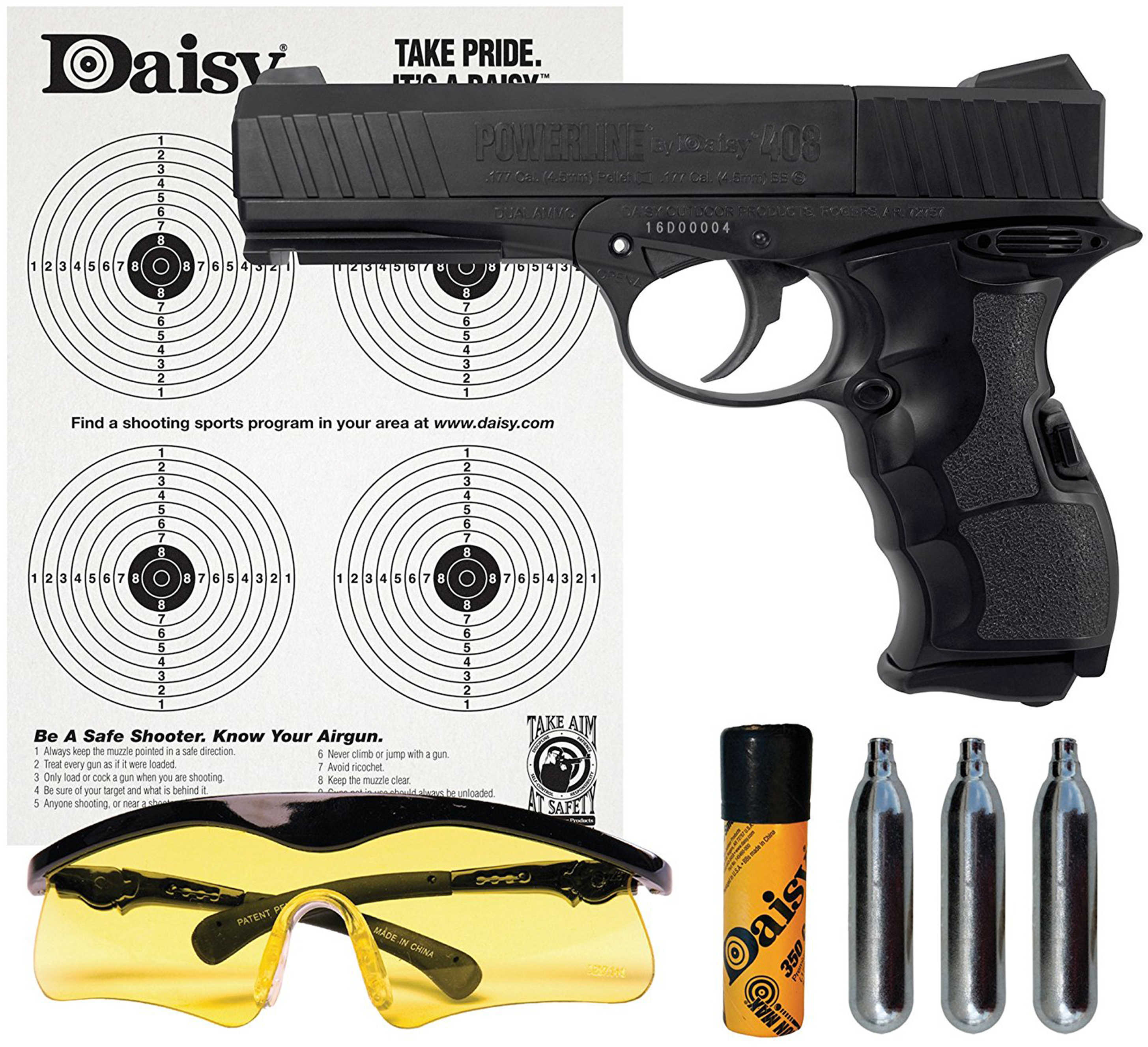 Daisy Powerline 408 Air Pistol Kit .177 Pellet or BB Black Finish Plastic Grip CO2 Semi-automatic 8 Shot 485 Feet Per Se