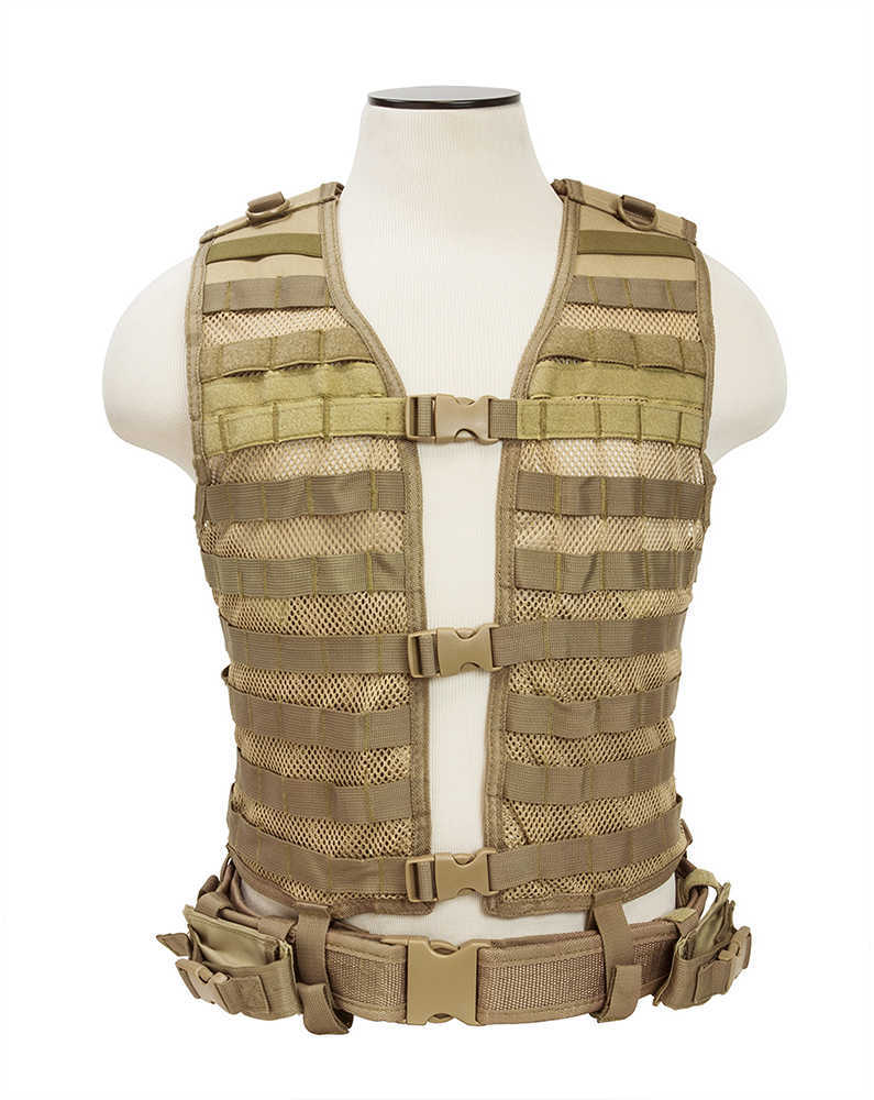 NCSTAR Modular Vest Nylon Tan Size Medium- 2XL Fully Adjustable PALS/ MOLLE Webbing Includes Pistol Belt with Two Access