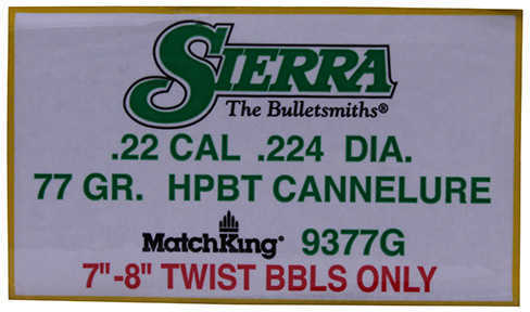 Sierra 22 Caliber (.224) 77 Grains HPBT Match Cannelure (Per 500) Md: 9377G