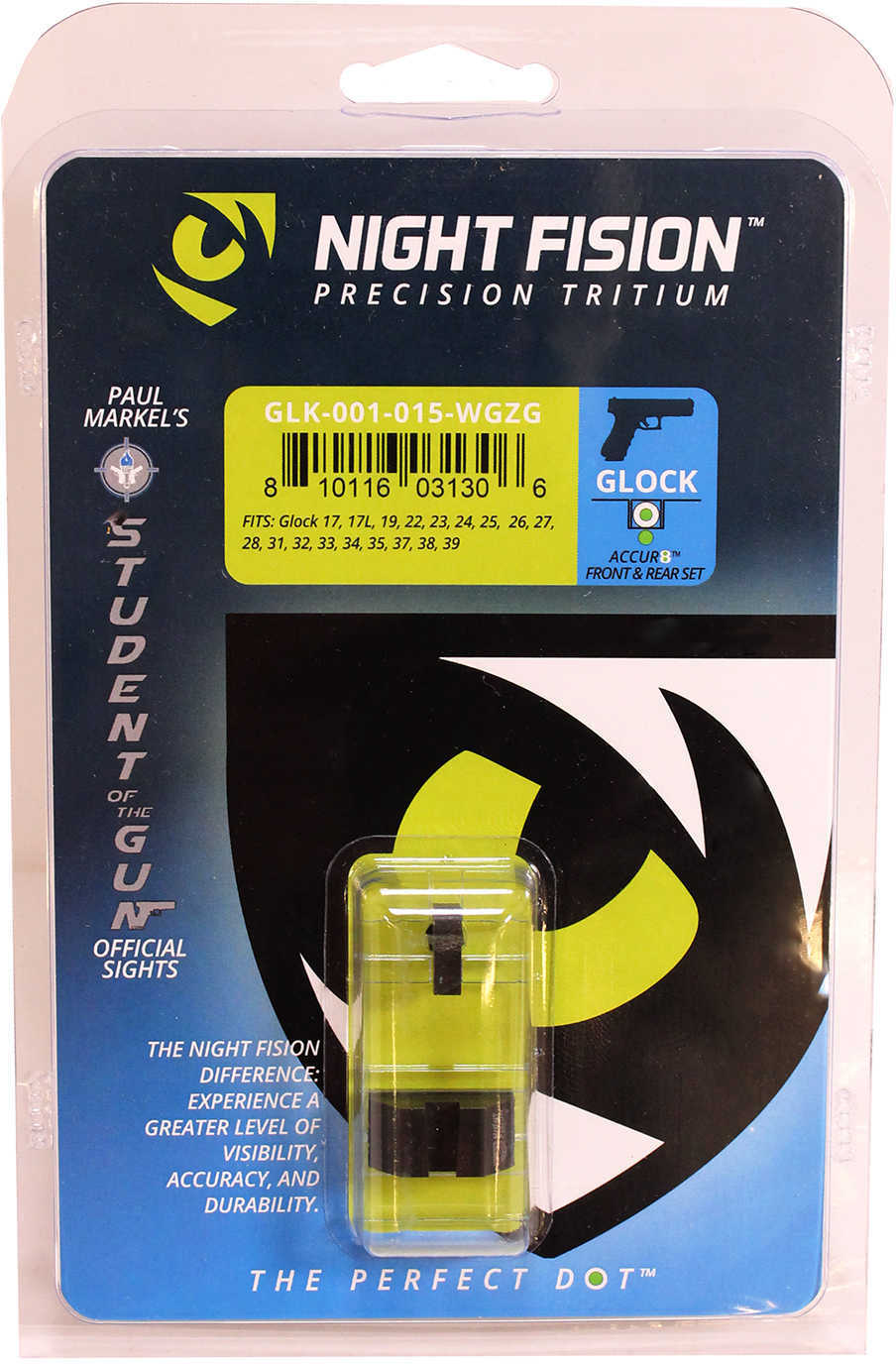Night Fision Perfect Dot Sight Set for Glock 17/17L/19/22-28/31-35/37-39 White Front with Green Tritium/Black Rear