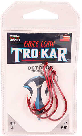 Eagle Claw Long Shank Octopus Hook 6/0 Size Red Package of 4