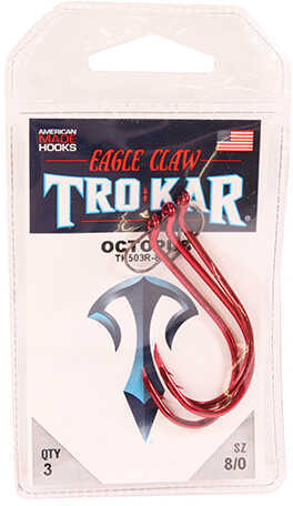 Eagle Claw Long Shank Octopus Hook 8/0 Size Red Package of 3
