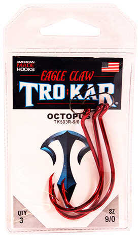 Eagle Claw Long Shank Octopus Hook 9/0 Size Red Package of 3