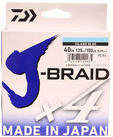 Daiwa J-Braid x4 Braided Line 150 Yards, 40 lbs, .011" Diameter, Island Blue