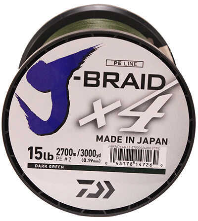 Daiwa J-Braid x4 Braided Line 3000 Yards, 15 lbs Tested, .008" Diameter, Dark Green