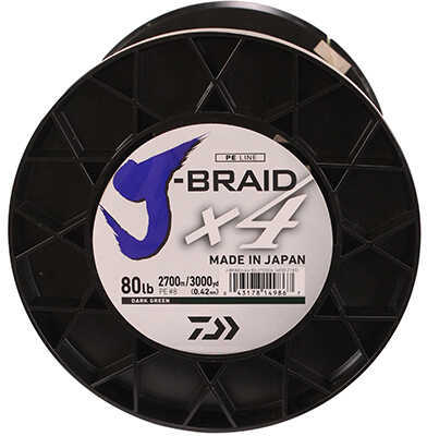 Daiwa J-Braid x4 Braided Line 3000 Yards, 80 lbs Tested, .017" Diameter, Dark Green