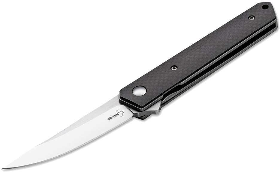 Boker Knives Plus Folding Knife Kwaiken Mini Flipper, 3" VG-10 Satin Plain Blade, Carbon Fiber Handle