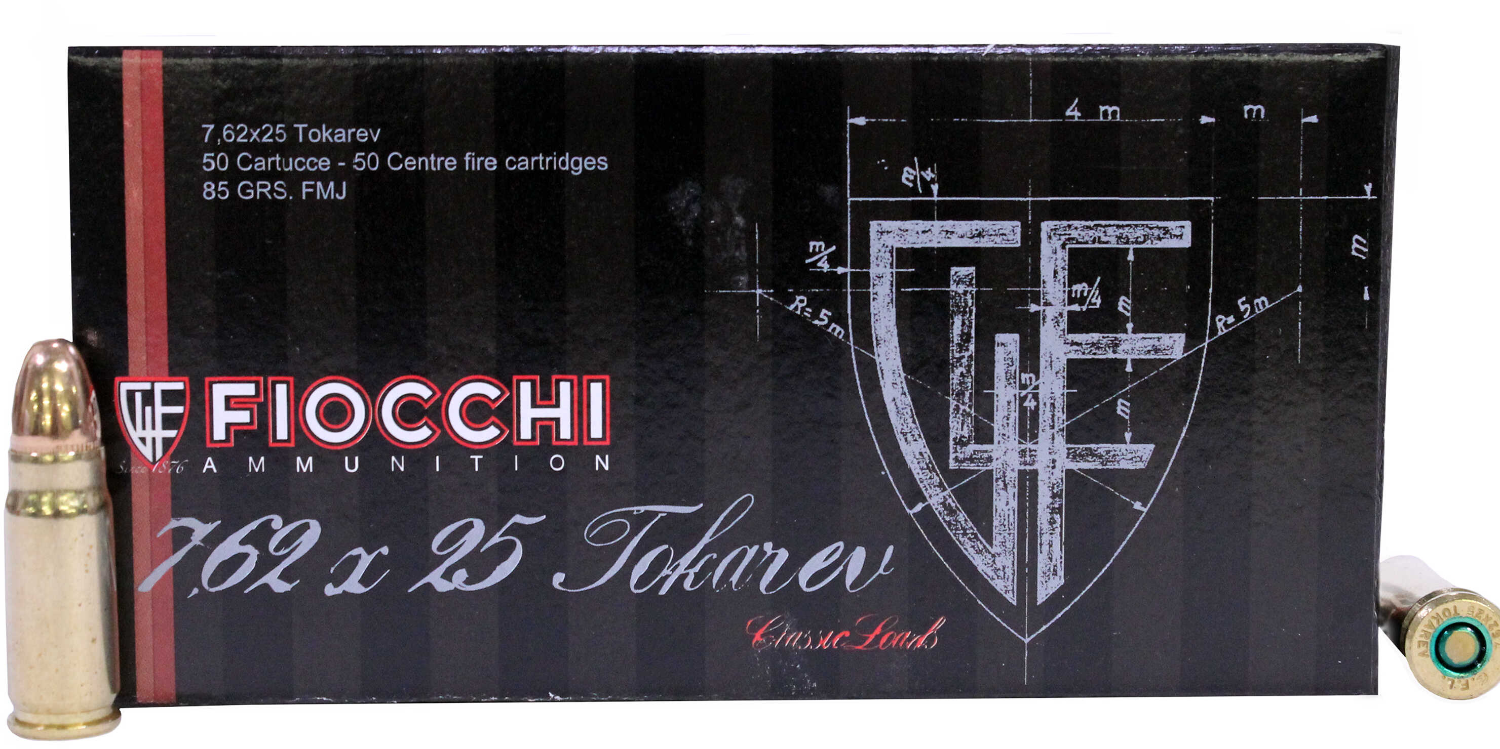 7.62X25mm Tokarev 50 Rounds Ammunition Fiocchi Ammo 85 Grain Full Metal Jacket