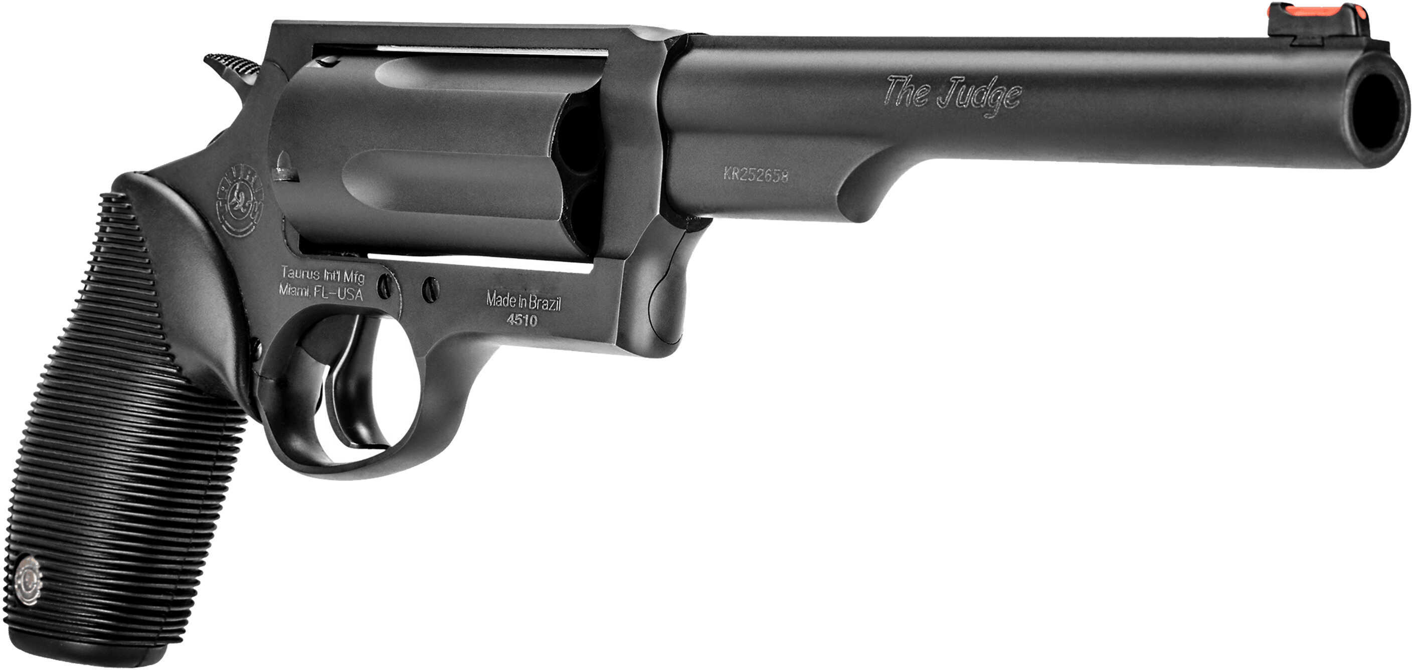 Taurus Judge Magnum 45 Colt (LC) Caliber Or 3" 410 Gauge with 6.50" Barrel 5 Shot Cylinder Overall Matte Black Oxide Finish Steel & Black Ribber Grip Fiber Optic Front Sight