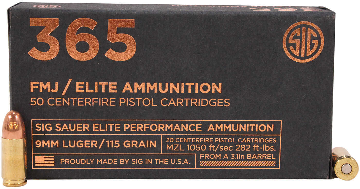 Sig Sauer Elite Ball 9mm Luger 115 gr Full Metal Jacket (FMJ) Ammo 50 Round Box