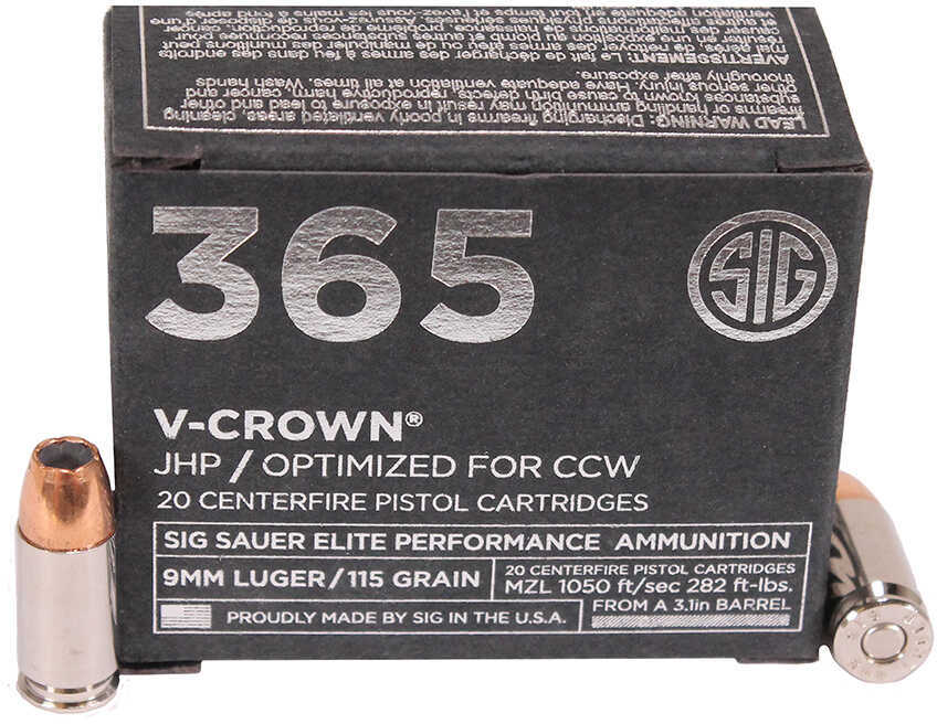 Sig Sauer Elite V-Crown Ammunition 9mm, 115 Grains, Jacket Hollow Point, Per 20