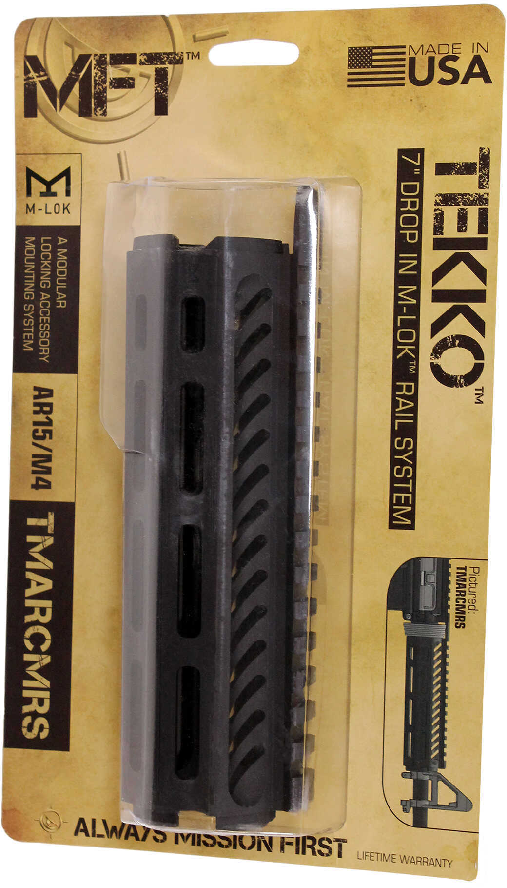 Mission First Tactical Tekko Drop-In M-LOK Rail System Fits AR-15 Carbine 7" Length Metal Black Finish TMARCMRS