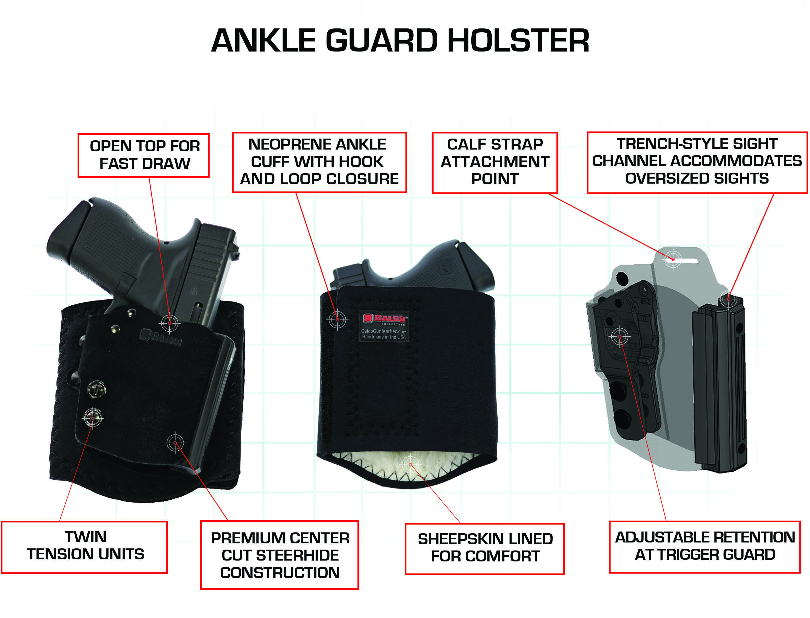 Galco Ankle Guard Holster Black Right Hand Fits Glock 43 43X Leather Finish