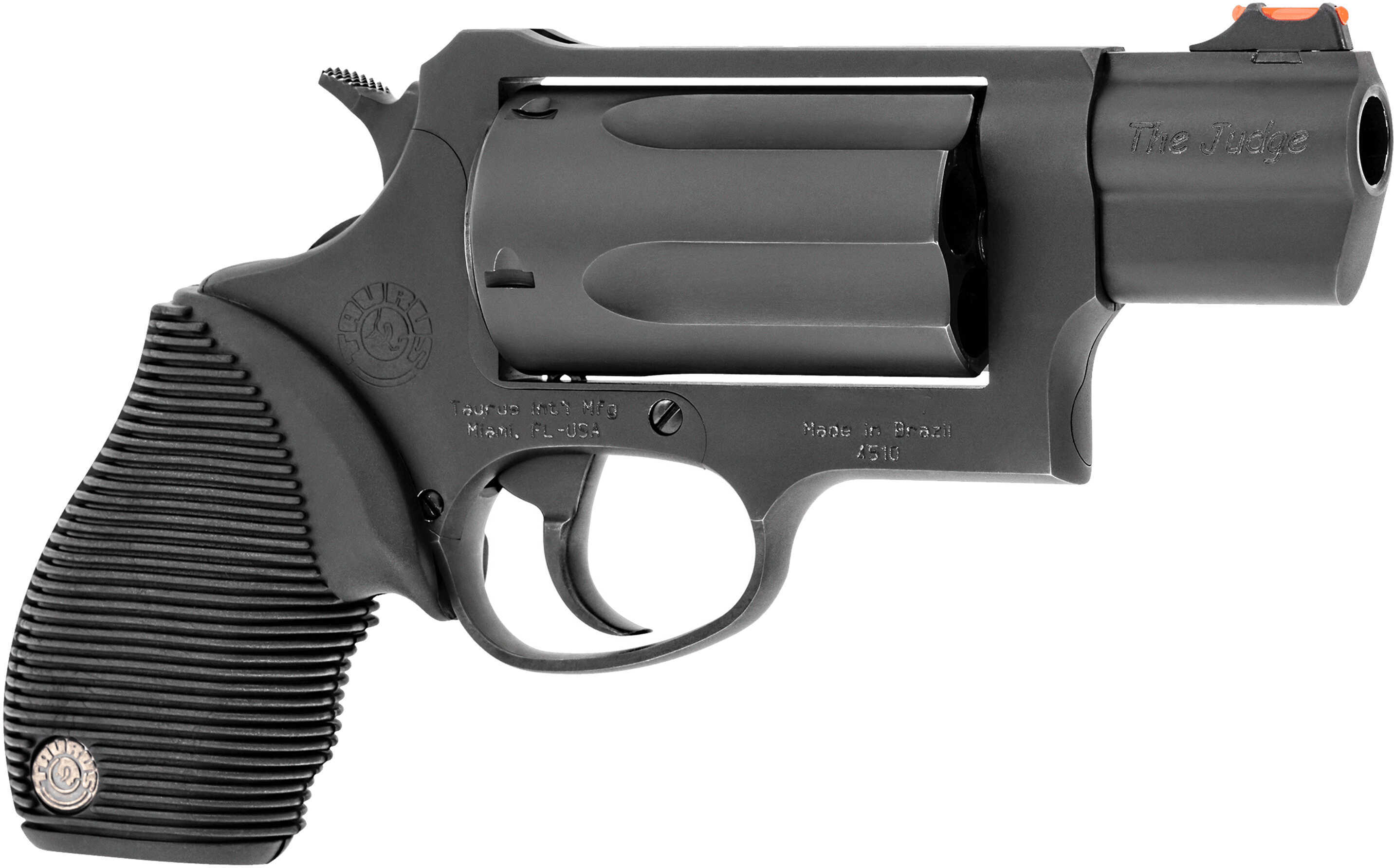 Taurus Judge Public Defender 45 Colt (LC) Caliber or 2.50" 410 Gauge with 2.50" Barrel 5 Shot Cylinder Overall Matte Black Oxide Finish Steel & Black Ribber Grip Fiber Optic Front Sight