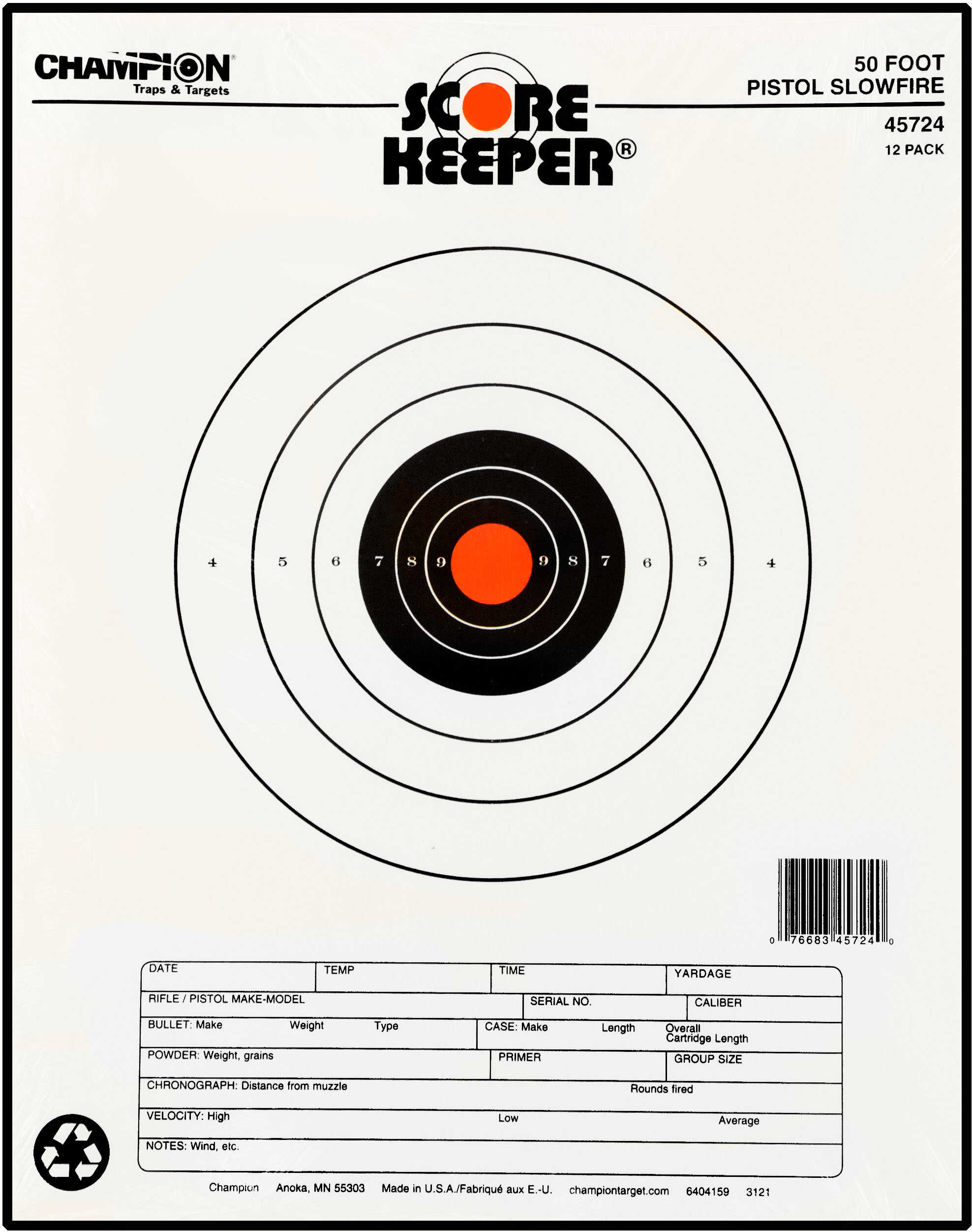 Champion Traps & Targets Orange Bullseye Scorekeeper 50 Feet Pistol Slow Fire 12 Pack 45724