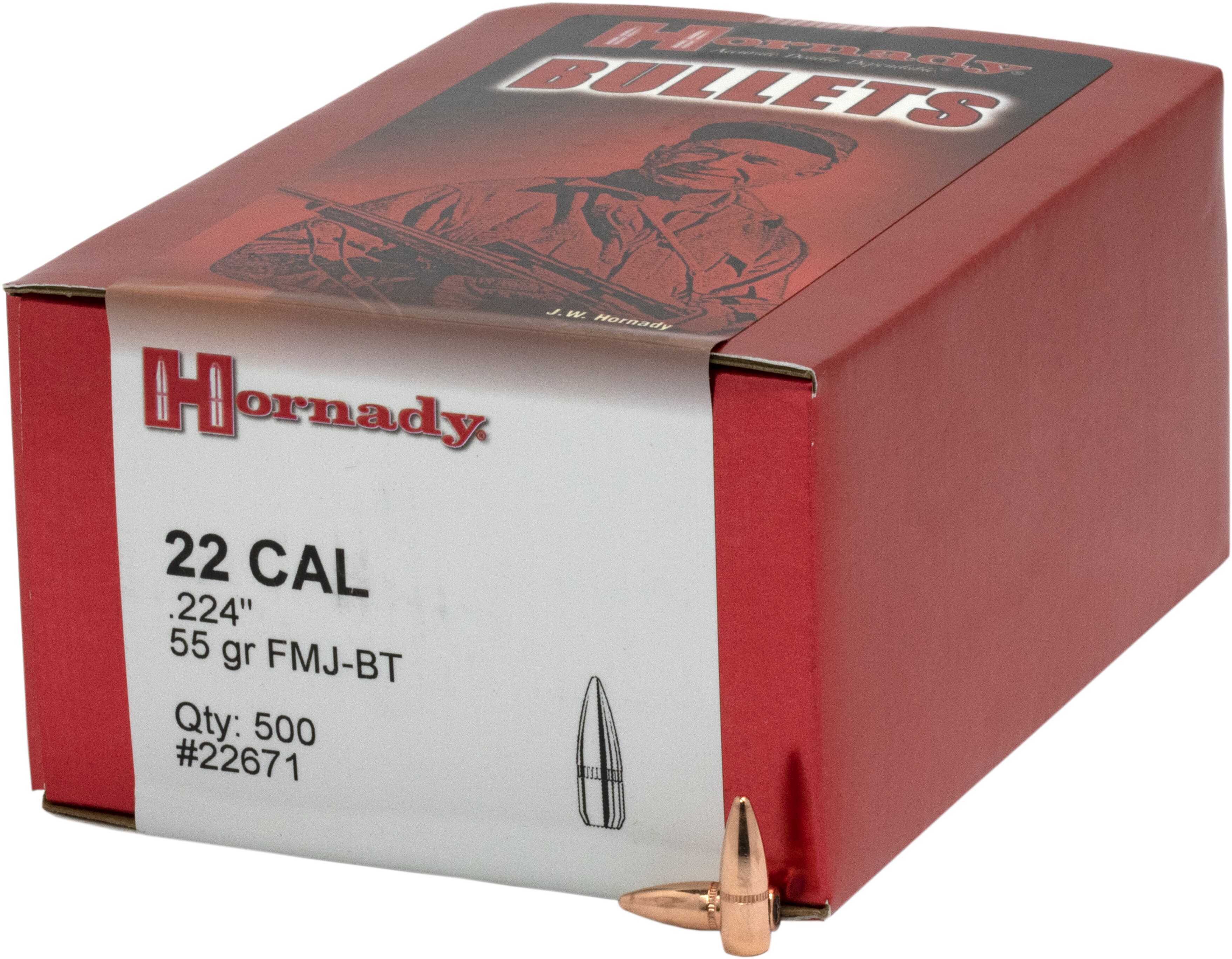 Hornady 22 Caliber Bullets (.224 Diameter) 55 Grains, Full Metal Jacket Boat Tail with Cannelure, Per 500 Md