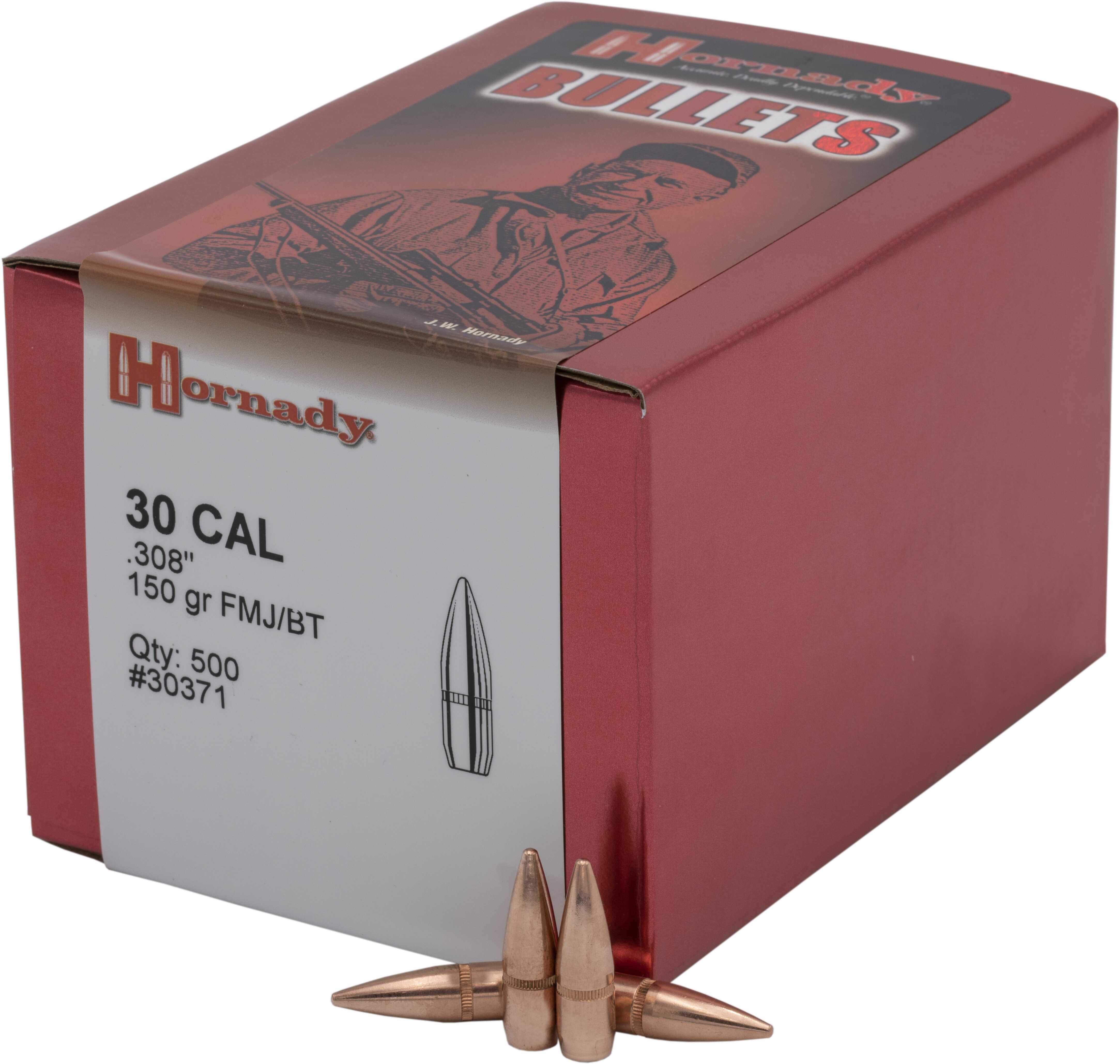 Hornady 30 Caliber Bullets (.308 Diameter) 150 Grains, Full Metal Jacket Boat Tail with Cannelure, Per 500 M