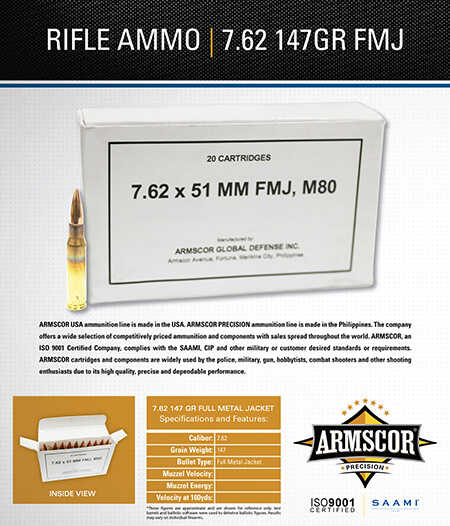 Armscor Precision M80 7.62x51mm NATO 147 gr FMJ Ammo 20 Round Box