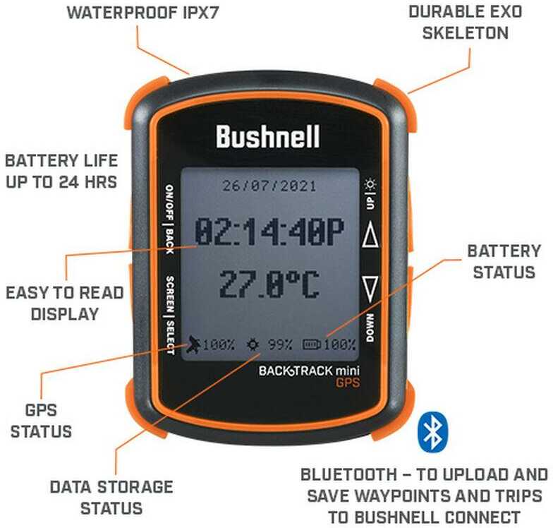 Bushnell GPSBTM Backtrack Mini GPS Black/Orange 2.25" Transflective Color TFT Display, Compatible W/ Bushnell Connect Ap
