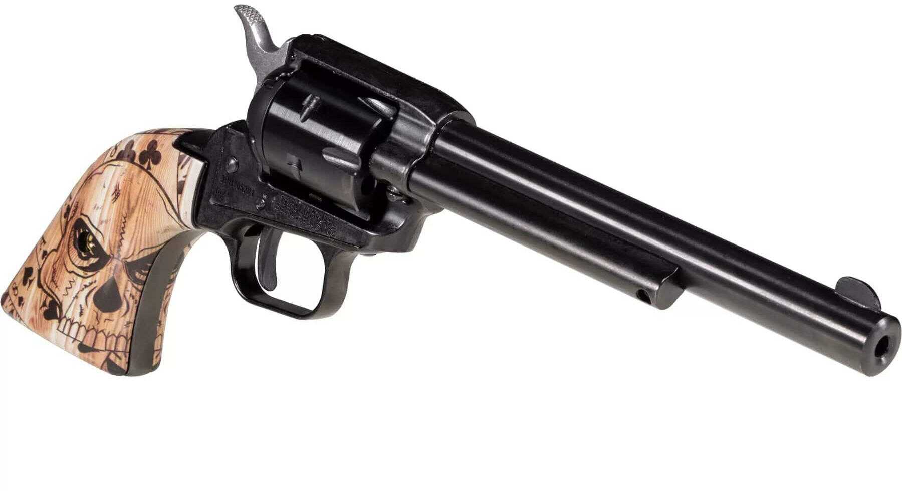 Heritage Mfg. Rough Rider Rimfire Revolver 22LR 6.5" Barrel 6Rd Capacity Fixed Front, Notched Rear Sights Ivory With Etched Deadman's Hand Grips Black Steel Finish