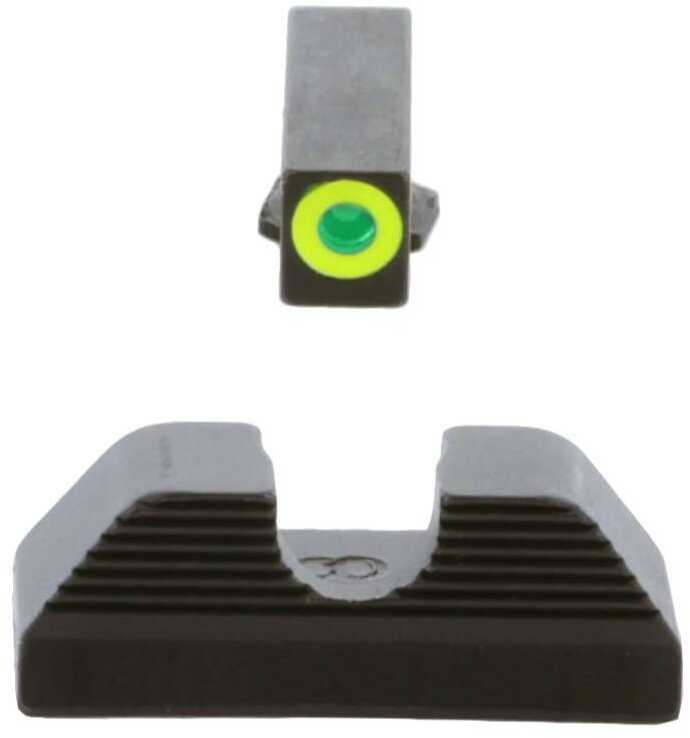 AmeriGlo Protector Sight Fits Glock 42 and 43 Green Tritium LimeGreenLumi Outline Front Black Serrated Round Notch Rear