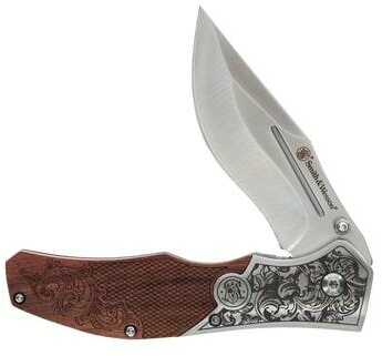 Smith & Wesson Unwavered Folding Knife 3-1/4" Clip Point Blade Engraved Wood Blister
