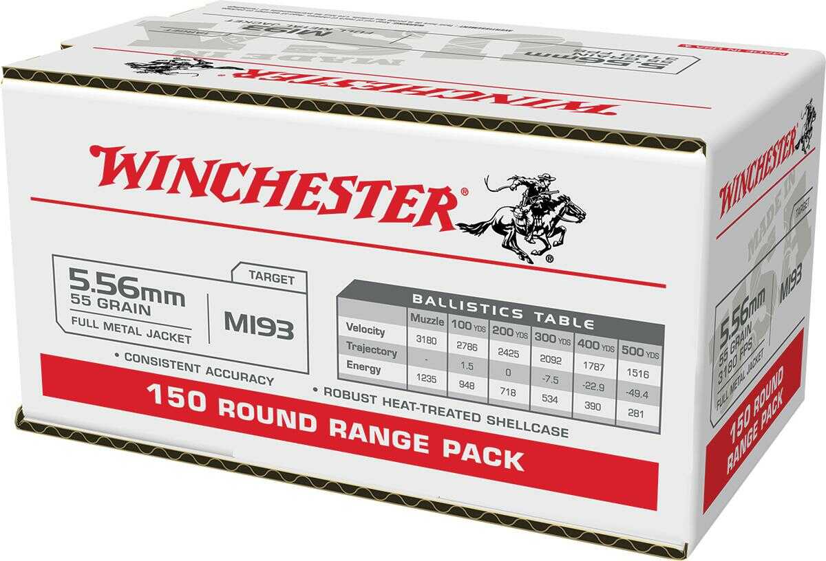 Winchester USA 5.56x45mm NATO 55 gr 3270 fps Full Metal Jacket (FMJ) Ammo 150 Round Box