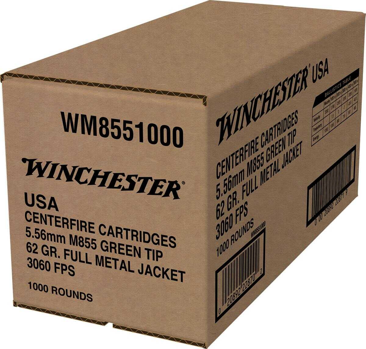 Winchester USA Green Tip 5.56 NATO 62 gr M855 Full Metal Jacket (FMJ) 1000 Round Box