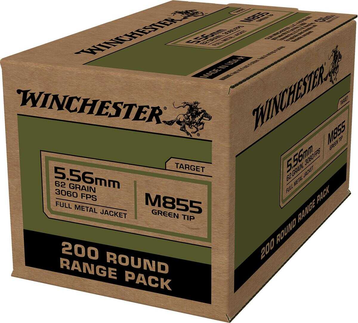 Winchester M855 Green Tip 5.56 NATO 62 gr 3060 fps Full Metal Jacket (FMJ) Ammo 200 Round Box