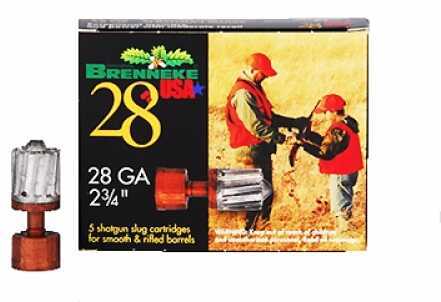 28 Gauge 5 Rounds Ammunition Brenneke 2 3/4" 3/8 oz Lead #Slug