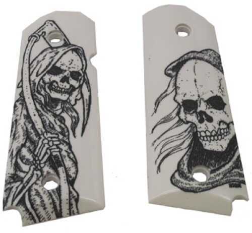 Hogue Colt & 1911 Officer's Grips Scrimshaw, Ivory Colored, Polymer, Grim Reaper 43026