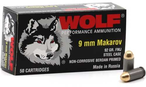 9mm Makarov 50 Rounds Ammunition Wolf Performance Ammo 92 Grain FMJ