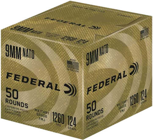 Federal Military Grade 9MM 124 Grain Full Metal Jacket NATO Spec 50 Round Box C9N882