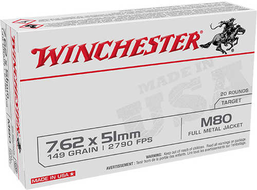 7.62 NATO 20 Rounds Ammunition Winchester 149 Grain Full Metal Jacket