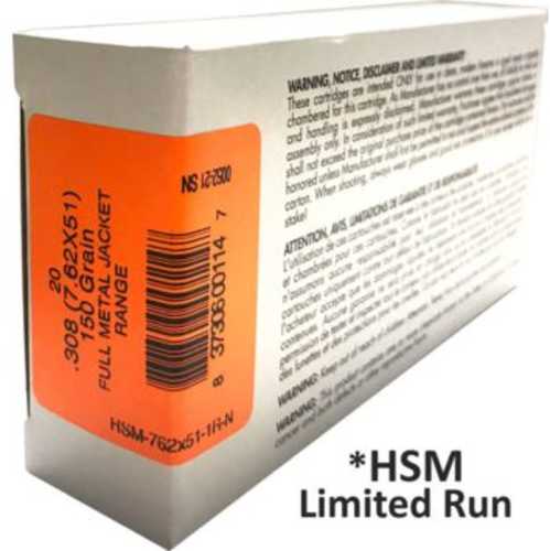 308 Winchester 20 Rounds Ammunition HSM 150 Grain FMJ-BT