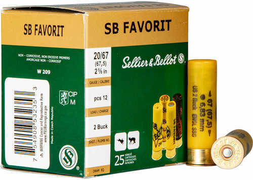 20 Gauge 25 Rounds Ammunition Sellier & Bellot 2 3/4" 12 Pellets Lead #2 Buck