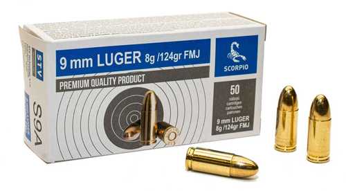9mm Luger 50 Rounds Ammunition Scorpio 124 Grain FMJ