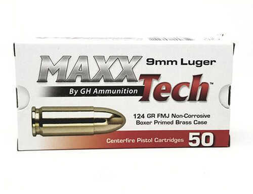 MaxxTech 9mm Luger 124 gr Full Metal Jacket (FMJ) Ammo 50 Round Box