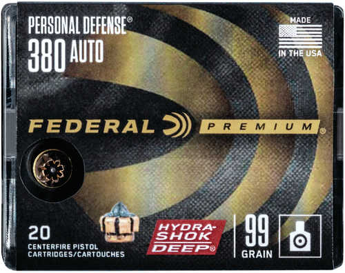 Federal Premium Personal Defense 380 ACP 99 Gr Hydra-Shok Deep Hollow Point Ammo 20 Round Box