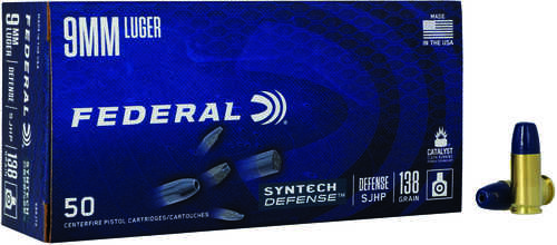 Federal Syntech Defense <span style="font-weight:bolder; ">9mm</span> Luger 138 Gr Segmented Jacketed Hollow Point (SJHP) Ammo 50 Round Box