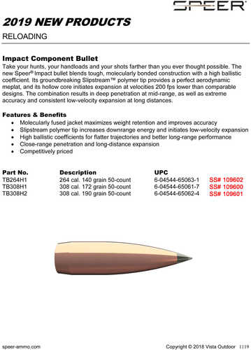 Speer TB264H1 Impact 6.5mm .264 140 Gr Slipstream Polymer Tip 50 Per Box