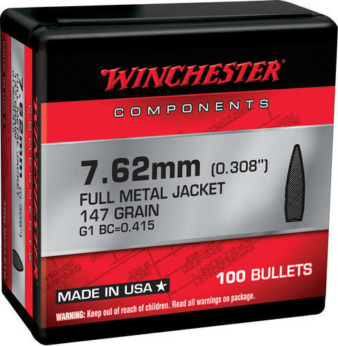 Winchester Ammo WB762M147X Centerfire Rifle Reloading 7.62mm .308 147 Gr Full Metal Jacket Boat-Tail (FMJBT) 100 Per Box