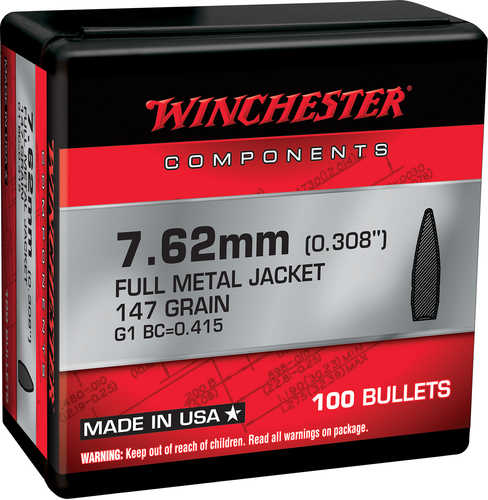 Winchester Reloading 7.62mm .308 Cal 147 gr Full Metal Jacket Boat-Tail (FMJBT) Bullets 100 Per Box