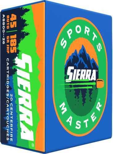 Click to see larger image. Sierra Sports Master Handgun Ammunition .45 Auto 185 Gr JHP 995 Fps 20/ct