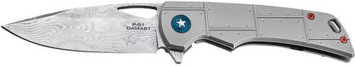 Boker 01Bo910Dam P-51 Damast 3.35" Drop Point Plain Silver Acid Etch Damascus Blade Titanium Handle
