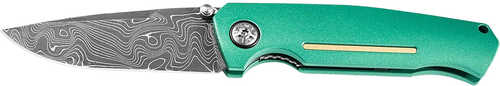 Boker 111102Dam 3.22" Drop Point Plain Damascus Blade Green Aluminum Handle